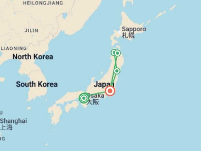 Map of Japan Tour with 6 destination visits for the trip: Majestic Japan