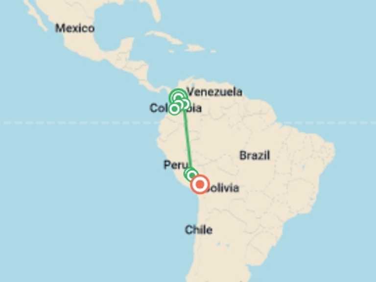 Map of South America Tour with 8 destination visits for the trip: Essential Colombia & Peru - 15 days