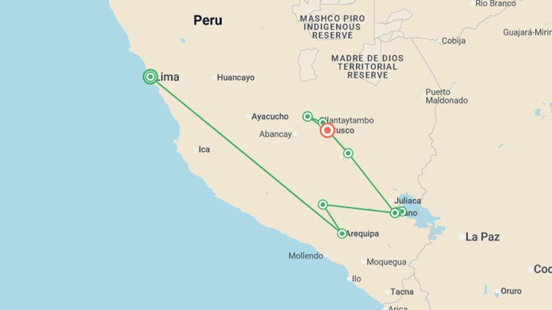 A map showing the tour itinerary for the trip: Best of Peru, starting in Lima, Peru and ending in Cusco, Peru going through 6 other destinations.