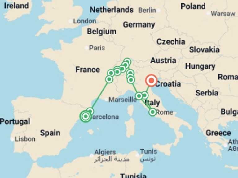 Map of Europe Tour with 9 destination visits for the trip: Spain, Switzerland and Classical Italy