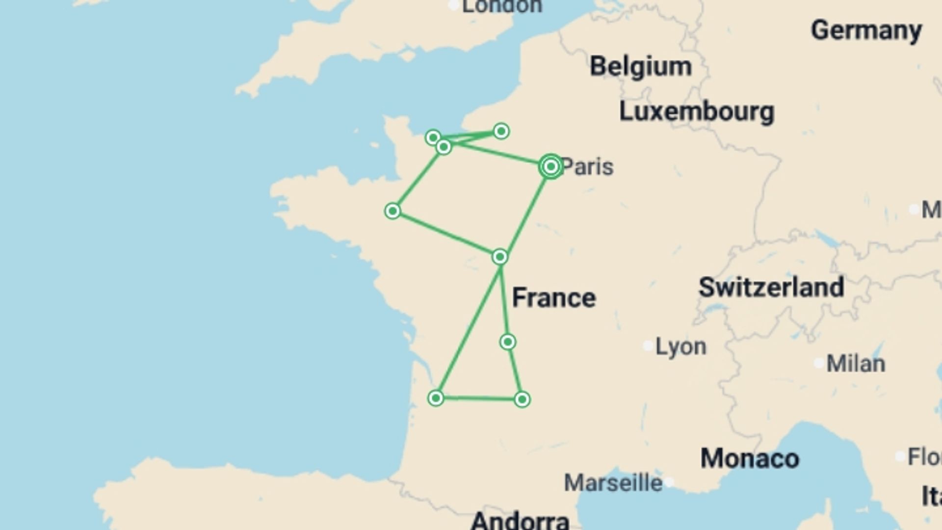 A map showing the tour itinerary for the trip: French Ring, starting in Paris, France and ending in Paris, France going through 7 other destinations.