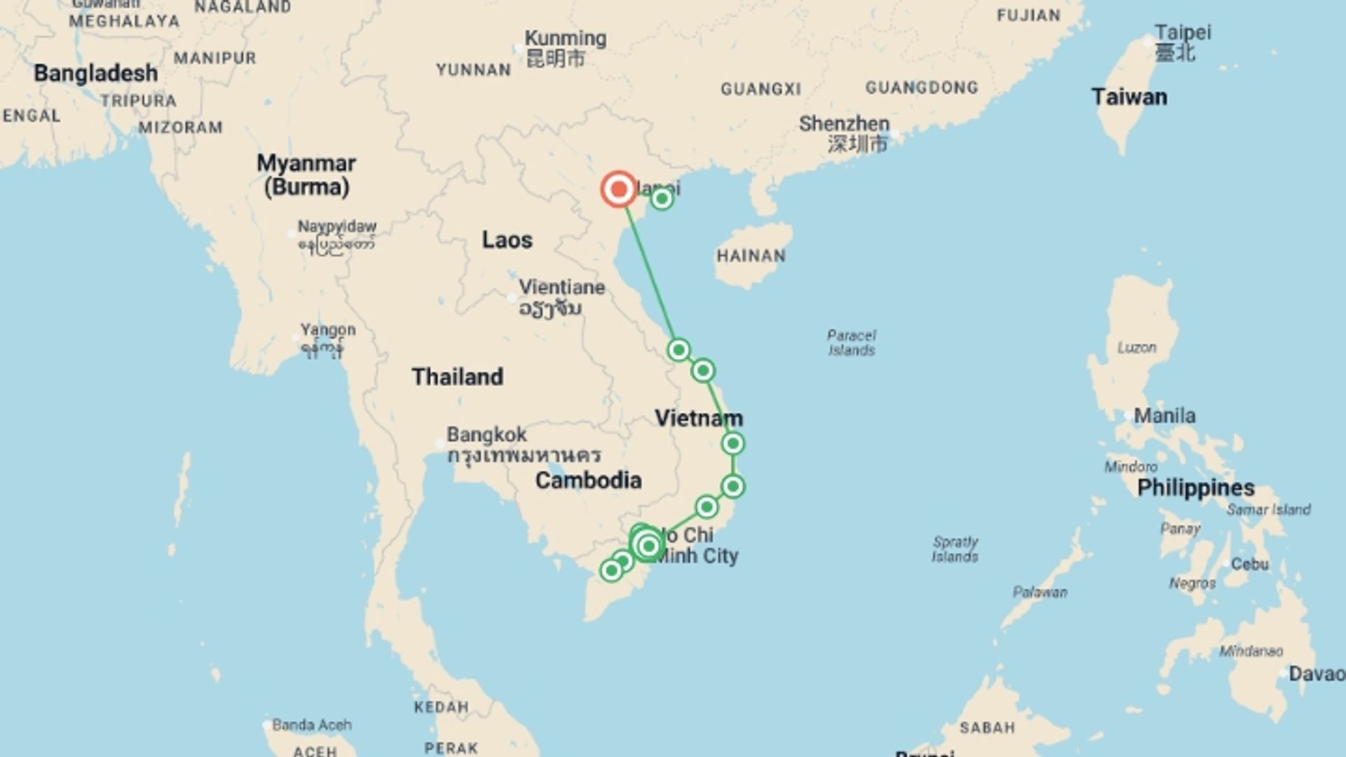 A map showing the tour itinerary for the trip: Cycle Saigon to Hanoi, starting in Ho Chi Minh City, Vietnam and ending in Hanoi, Vietnam going through 9 other destinations.