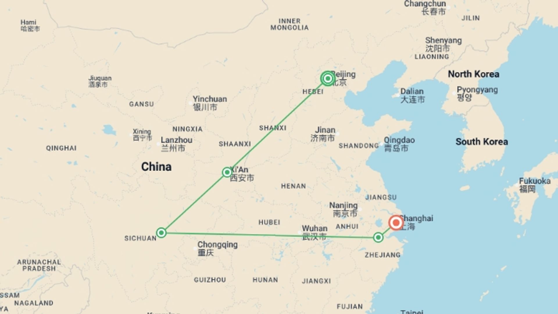 A map showing the tour itinerary for the trip: Beijing & Hangzhou to Shanghai (4-5 Star) - 13 days, starting in Beijing, China and ending in Shanghai, China going through 3 other destinations.