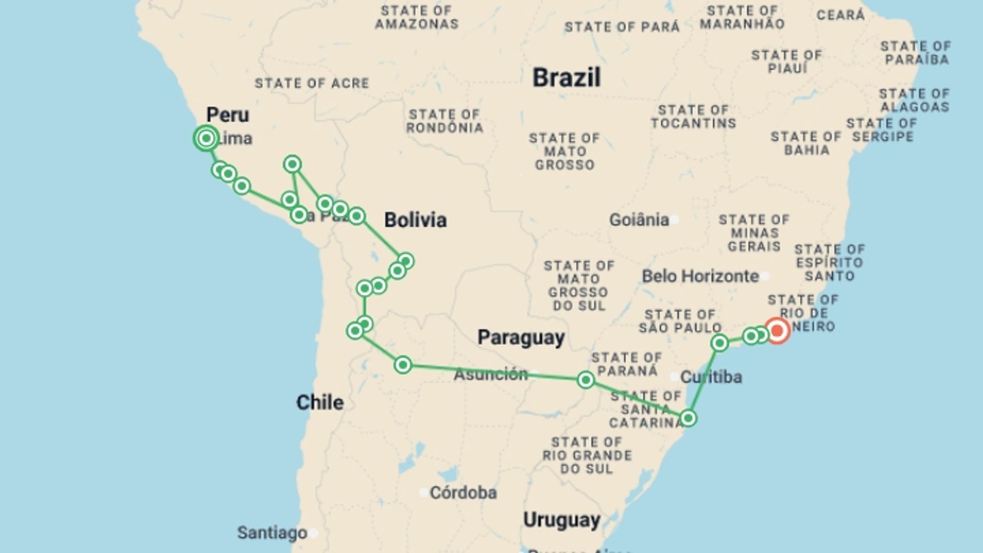 A map showing the tour itinerary for the trip: Lima to Rio de Janeiro (Chile & Argentina) Travel Pass, starting in Lima, Peru and ending in Rio de Janeiro, Brazil going through 21 other destinations.