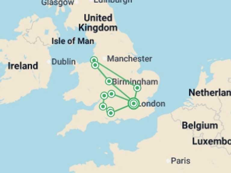 Map itinerary of London Tour in Spring with 4 destination visits for the trip: Touring Southern England