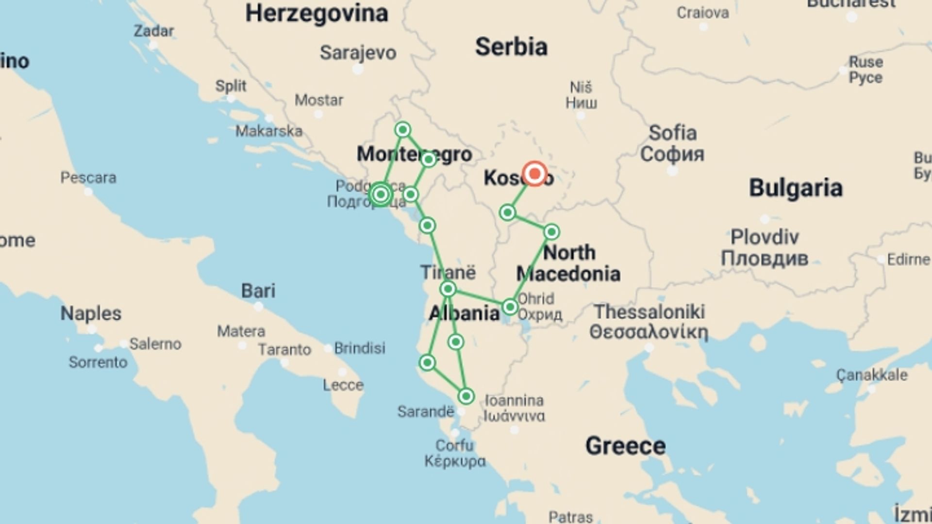 A map showing the tour itinerary for the trip: Balkans Discovery:  Montenegro to Kosovo, starting in Kotor, Montenegro and ending in Pristina, Kosovo going through 11 other destinations.