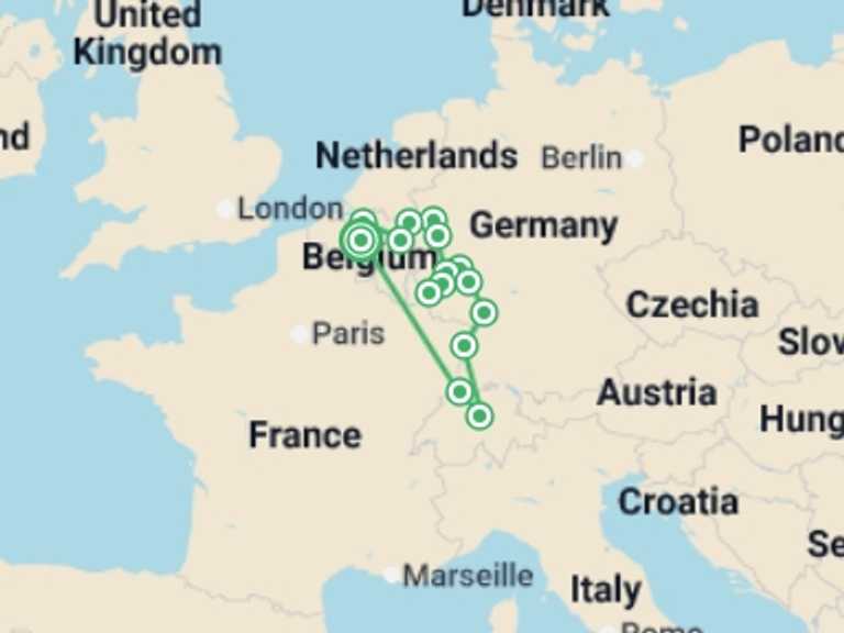Map itinerary of Europe Tour in October 2027 with 15 destination visits for the trip: Rhine, Moselle & Belgium Grand Discovery (2027)