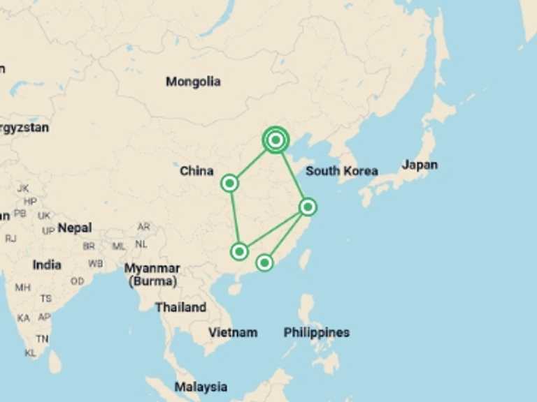 Map itinerary of China Tour in July 2026 with 5 destination visits for the trip: Premium China
