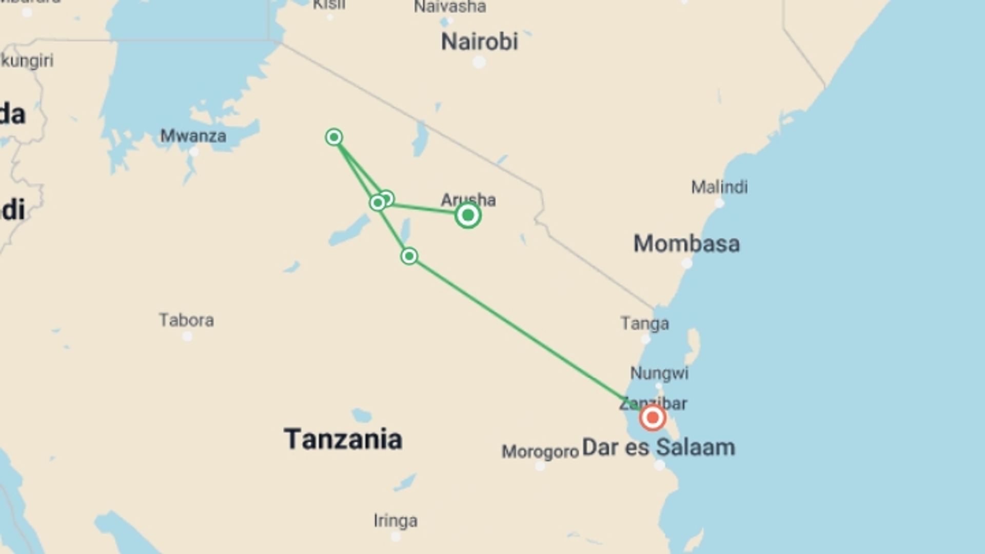 A map showing the tour itinerary for the trip: Bush 2 Beach Holiday, starting in Arusha, Tanzania and ending in Zanzibar, Tanzania going through 4 other destinations.