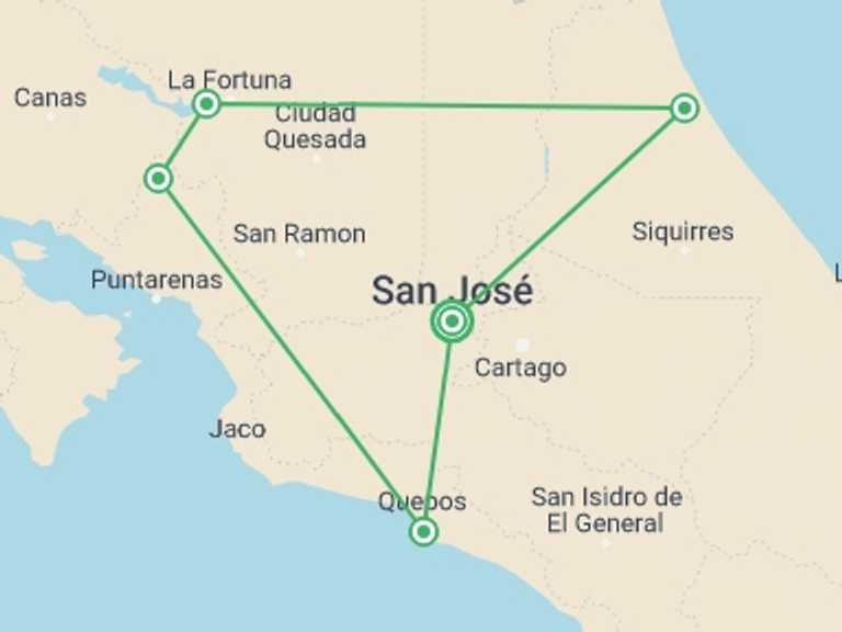 Map of San Jose Rainforest and jungle visits Tour with 6 destination visits for the trip: Best of Costa Rica