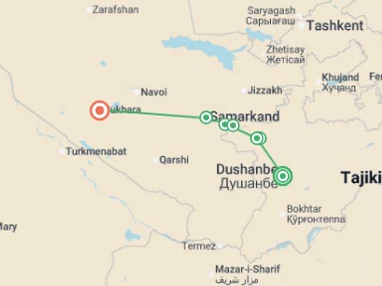 Map itinerary of Asia Tour in June 2026 with 8 destination visits for the trip: Fann Mountains Trek & Silk Road Cities