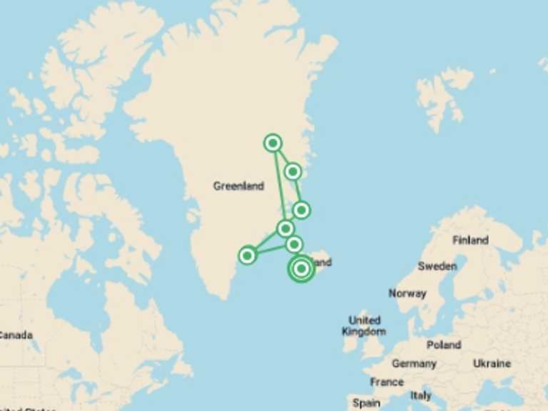 Map itinerary of Europe Tour in Fall with 8 destination visits for the trip: Complete East Greenland (Ocean Albatros)