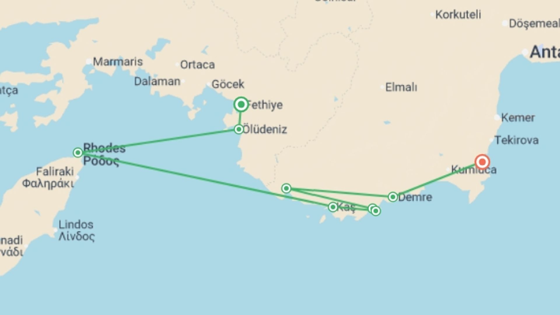 A map showing the tour itinerary for the trip: Fethiye to Olympos Express - 4 days, starting in Fethiye, Turkey and ending in Olympos, Turkey going through 5 other destinations.