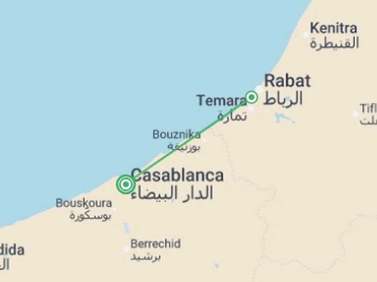 Map itinerary of Africa Tour in December 2026 with 2 destination visits for the trip: Casablanca & Rabat (5 Star) - 4 days
