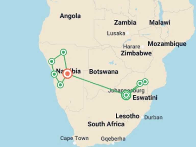 Map of Windhoek Wildlife Tour with 8 destination visits for the trip: Journeys: Discover Kruger & Namibia