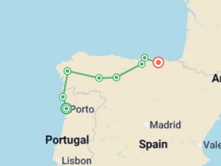 Map itinerary of Santiago De Compostela Tour in May 2026 with 4 destination visits for the trip: A Taste of the Camino: Porto to Bilbao