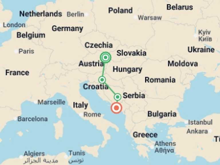 Map itinerary of Mediterranean Tour in March 2027 with 4 destination visits for the trip: East of Europe