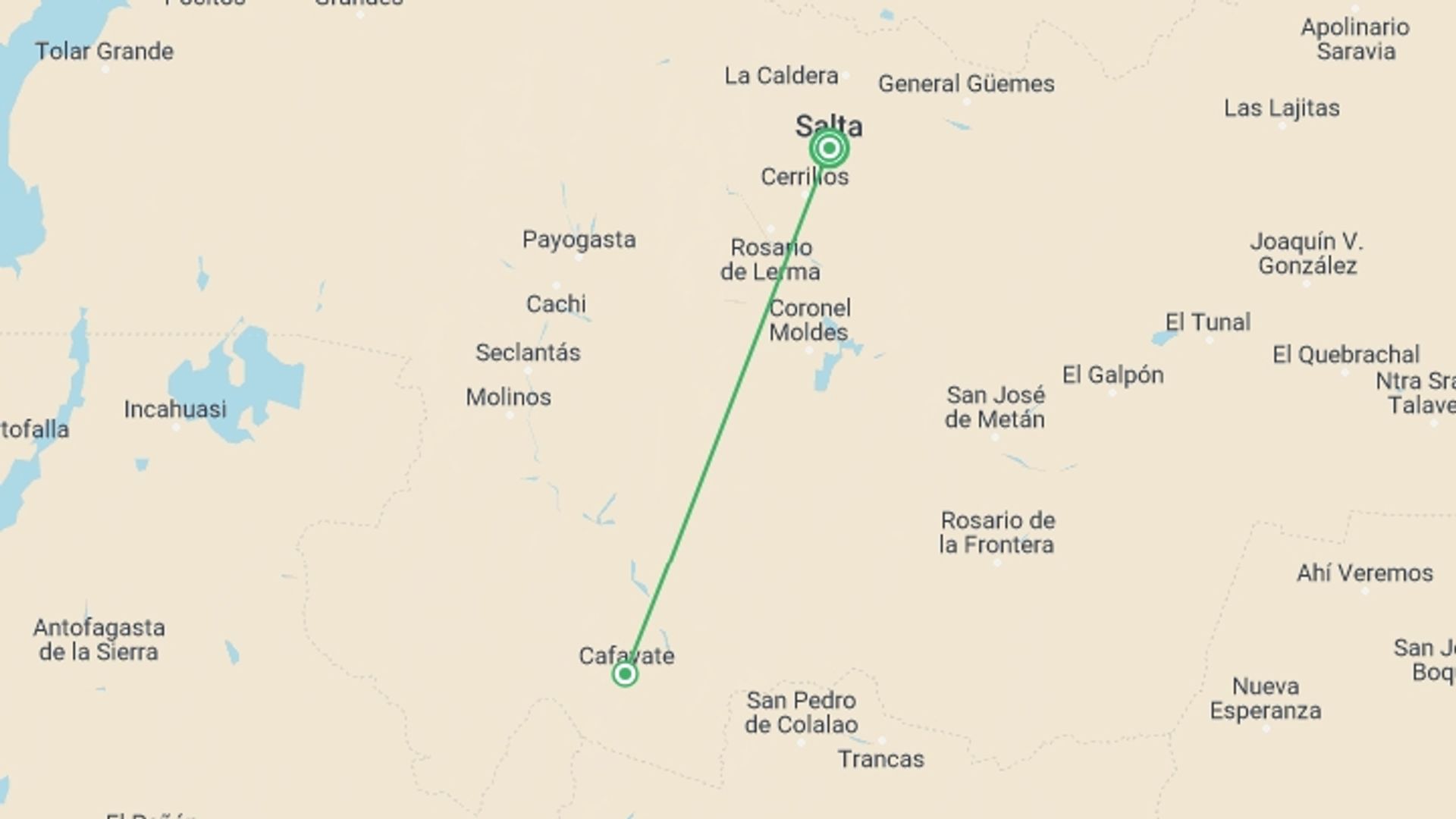 A map showing the tour itinerary for the trip: 5-Day Salta Luxury Tour, starting in Salta, Argentina and ending in Salta, Argentina going through 1 other destinations.
