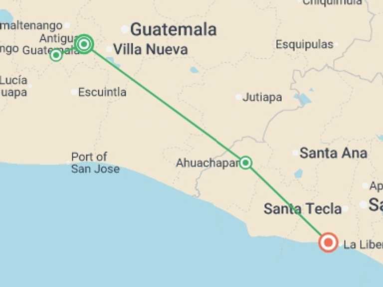 Map itinerary of Antigua Tour in March 2027 with 4 destination visits for the trip: Central America: Hike, Bike & Kayak