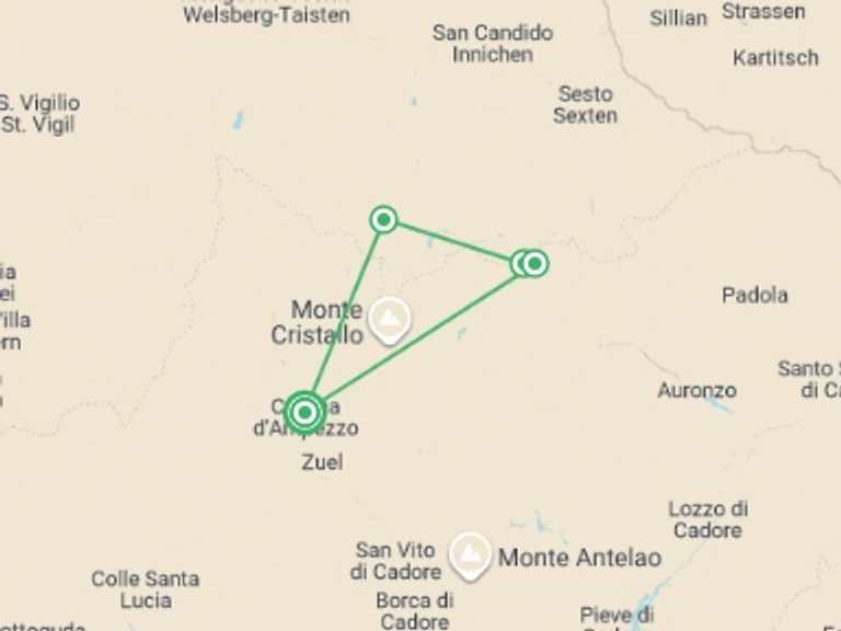 Map itinerary of Mediterranean Tour in July 2026 with 5 destination visits for the trip: Dolomites Guided Hike