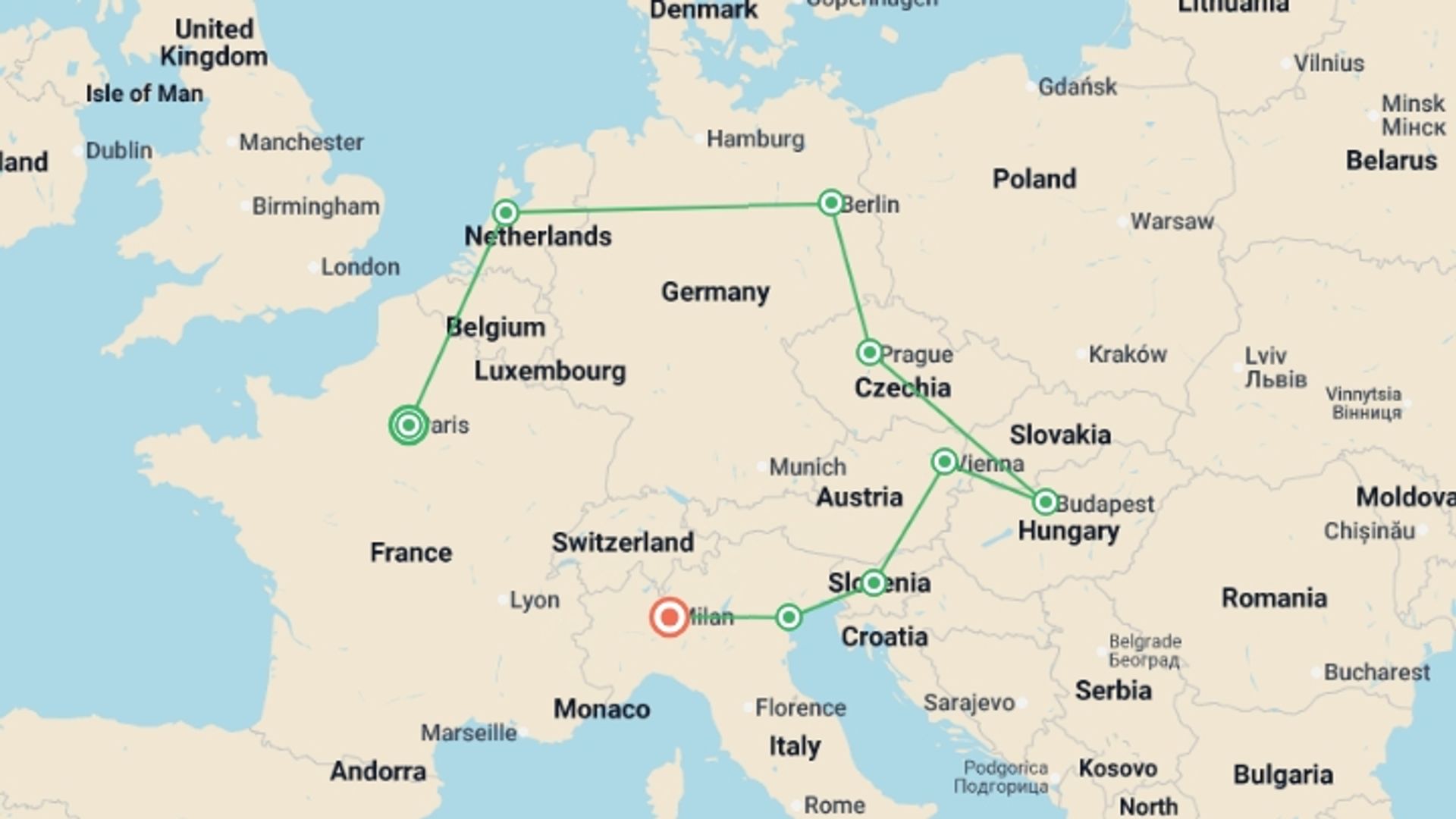 A map showing the tour itinerary for the trip: Discover Europe by Rail - Paris to Milan, starting in Paris, France and ending in Milan, Italy going through 7 other destinations.