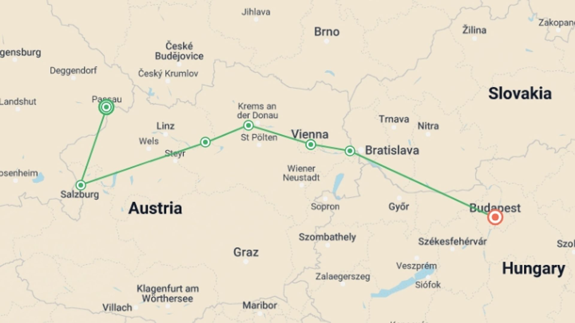 A map showing the tour itinerary for the trip: Enchanting Christmas & New Year's (2027), starting in Passau, Germany and ending in Budapest, Hungary going through 5 other destinations.