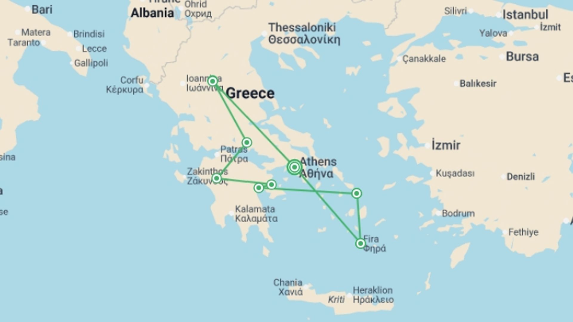 A map showing the tour itinerary for the trip: Best of Greece, starting in Athens, Greece and ending in Athens, Greece going through 6 other destinations.