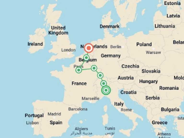 Map itinerary of Milan Tour in Summer with 7 destination visits for the trip: Milan to Amsterdam Rail Express