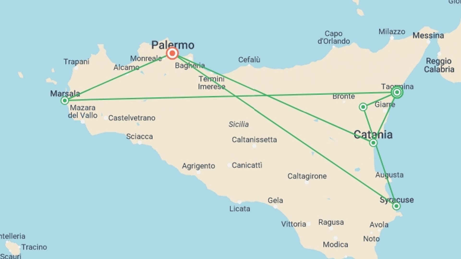 A map showing the tour itinerary for the trip: Sicilian Splendors, starting in Italy and ending in Italy going through 0 other destinations.