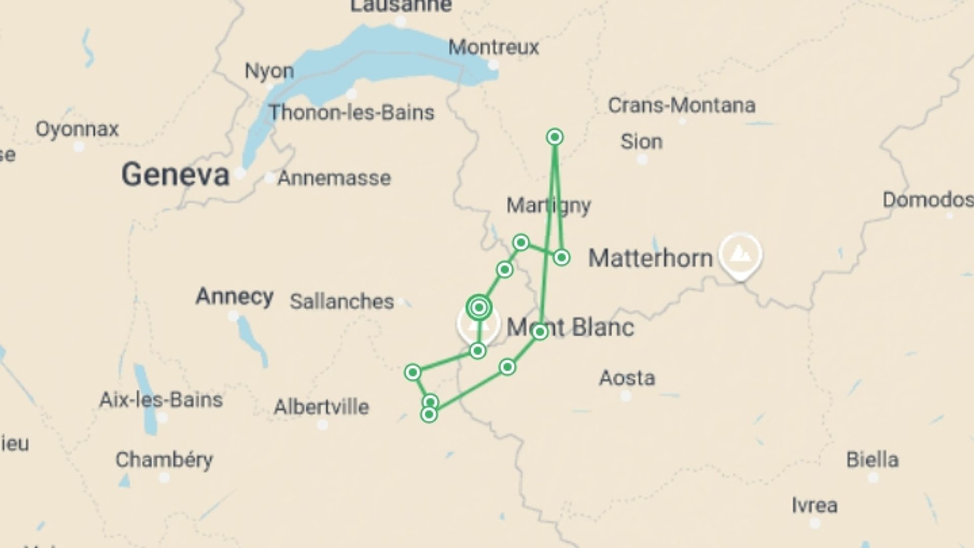 A map showing the tour itinerary for the trip: Mont Blanc Circuit Self Guided Hike, starting in Chamonix, France and ending in Chamonix, France going through 8 other destinations.