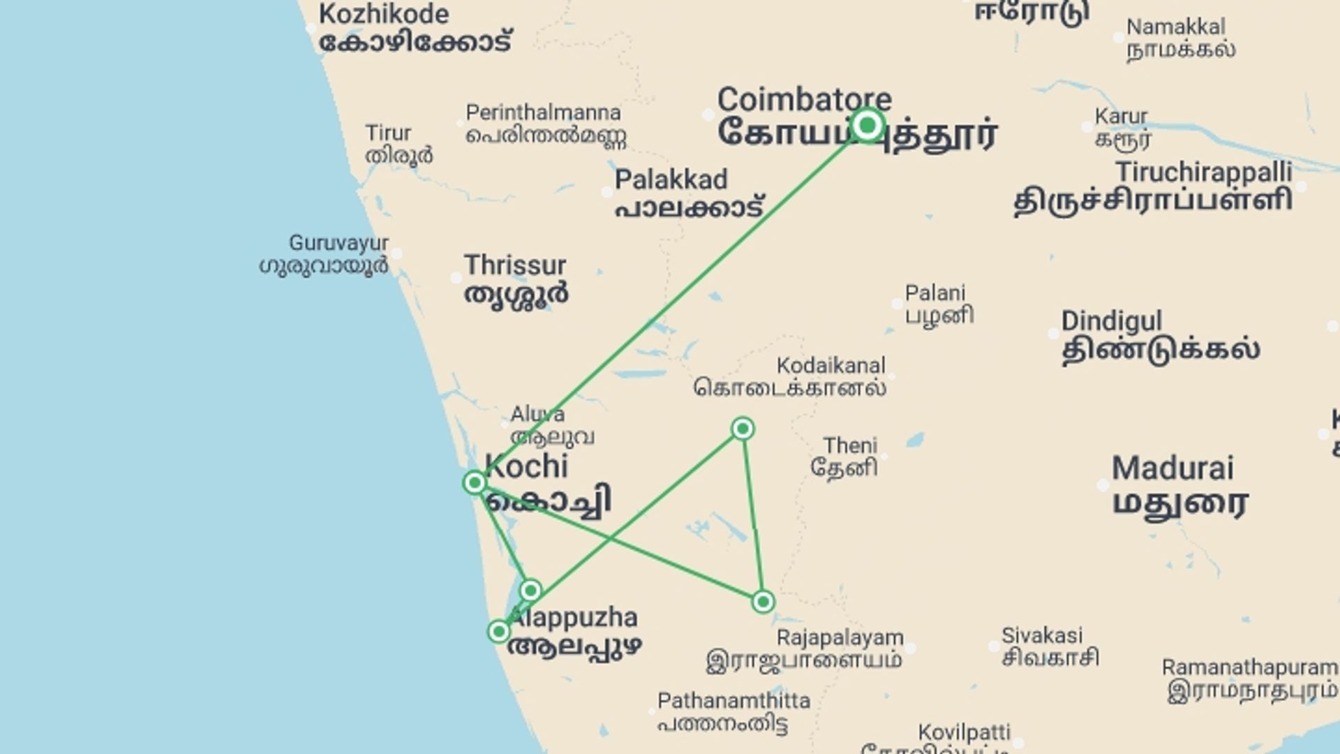 A map showing the tour itinerary for the trip: Classic Kerala - 9 Days, starting in Kerala & Tamil Nadu, India and ending in Kerala & Tamil Nadu, India going through 6 other destinations.