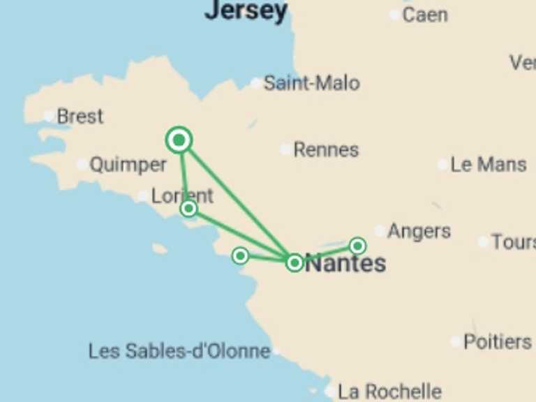 Map of France Cruise Tour with 6 destination visits for the trip: Beautiful Brittany and Royal Opulence in the Loire (port-to-port cruise)
