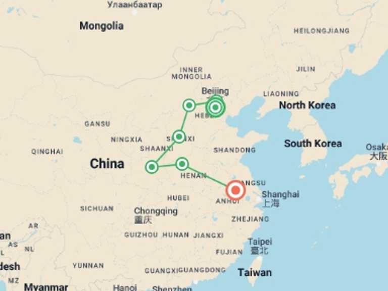 Map of 13-Day China Tour with 8 destination visits for the trip: 13-Day Chinese History and Culture Tour