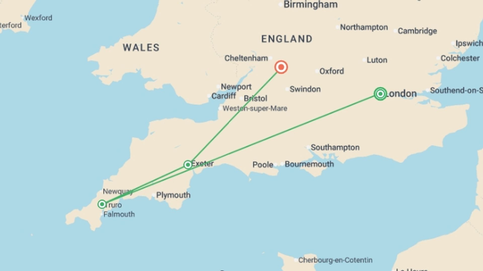 A map showing the tour itinerary for the trip: Shades of the English Countryside featuring London, Cornwall & Cotswolds, starting in London, England and ending in Cotswolds, England going through 2 other destinations.