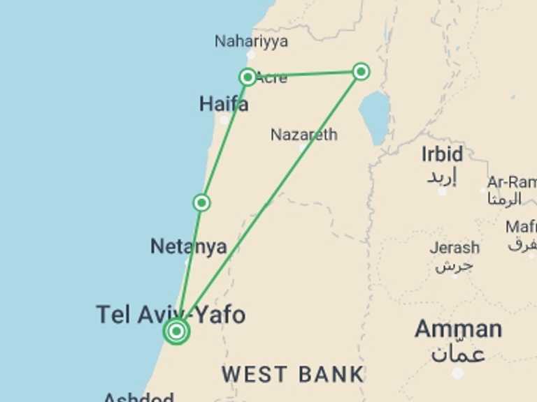 Map itinerary of Tel Aviv Tour in Summer with 2 destination visits for the trip: Caesarea, Golan And Galilee Tour, 3 Days From Jerusalem
