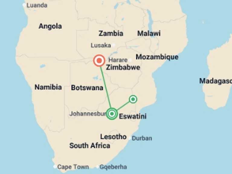 Map itinerary of Africa Tour in December 2026 with 3 destination visits for the trip: South Africa & Zimbabwe Discovery: Kruger to Victoria Falls