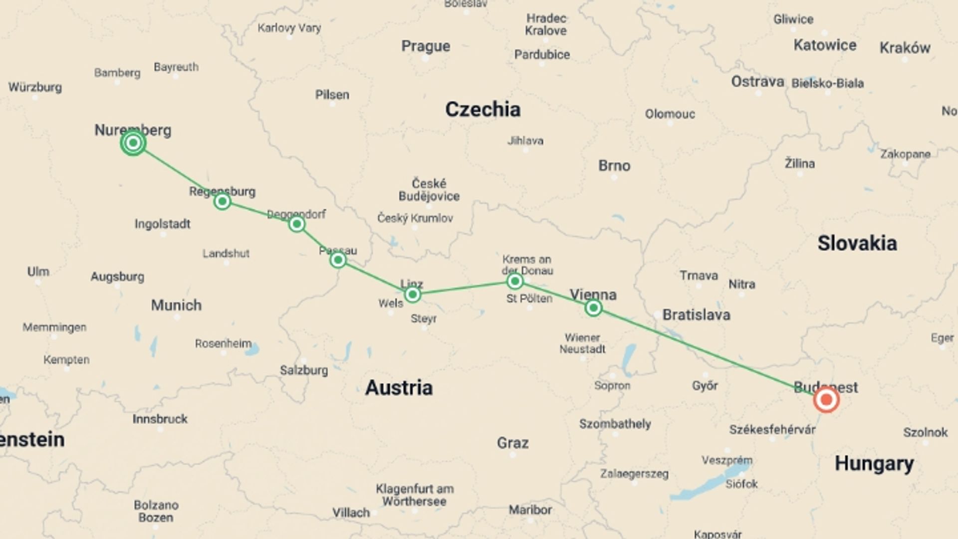 A map showing the tour itinerary for the trip: Grand Christmas & New Year's (2026), starting in Nuremberg, Germany and ending in Budapest, Hungary going through 6 other destinations.