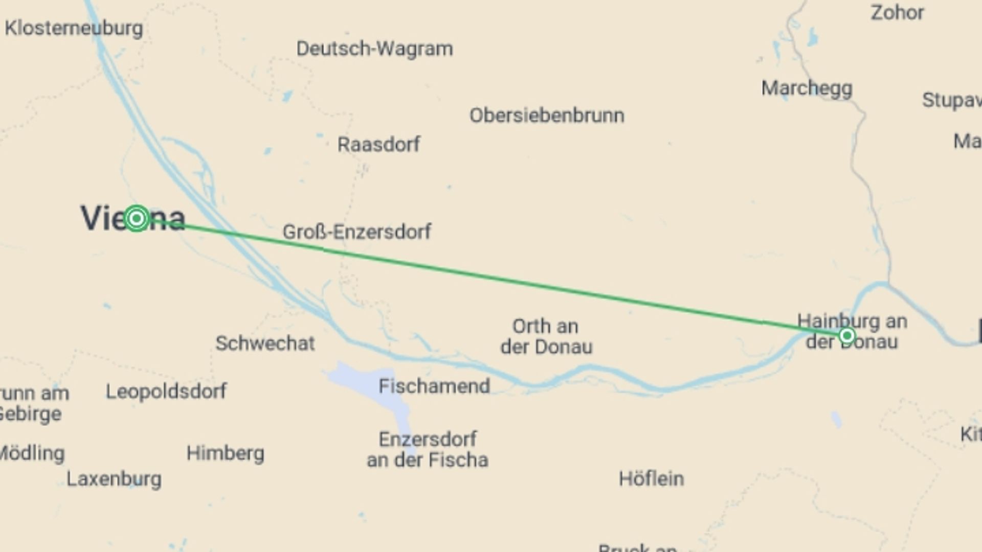 A map showing the tour itinerary for the trip: Danube Christmas Markets  ALBERTINA Superior, starting in Vienna, Austria and ending in Vienna, Austria going through 1 other destinations.