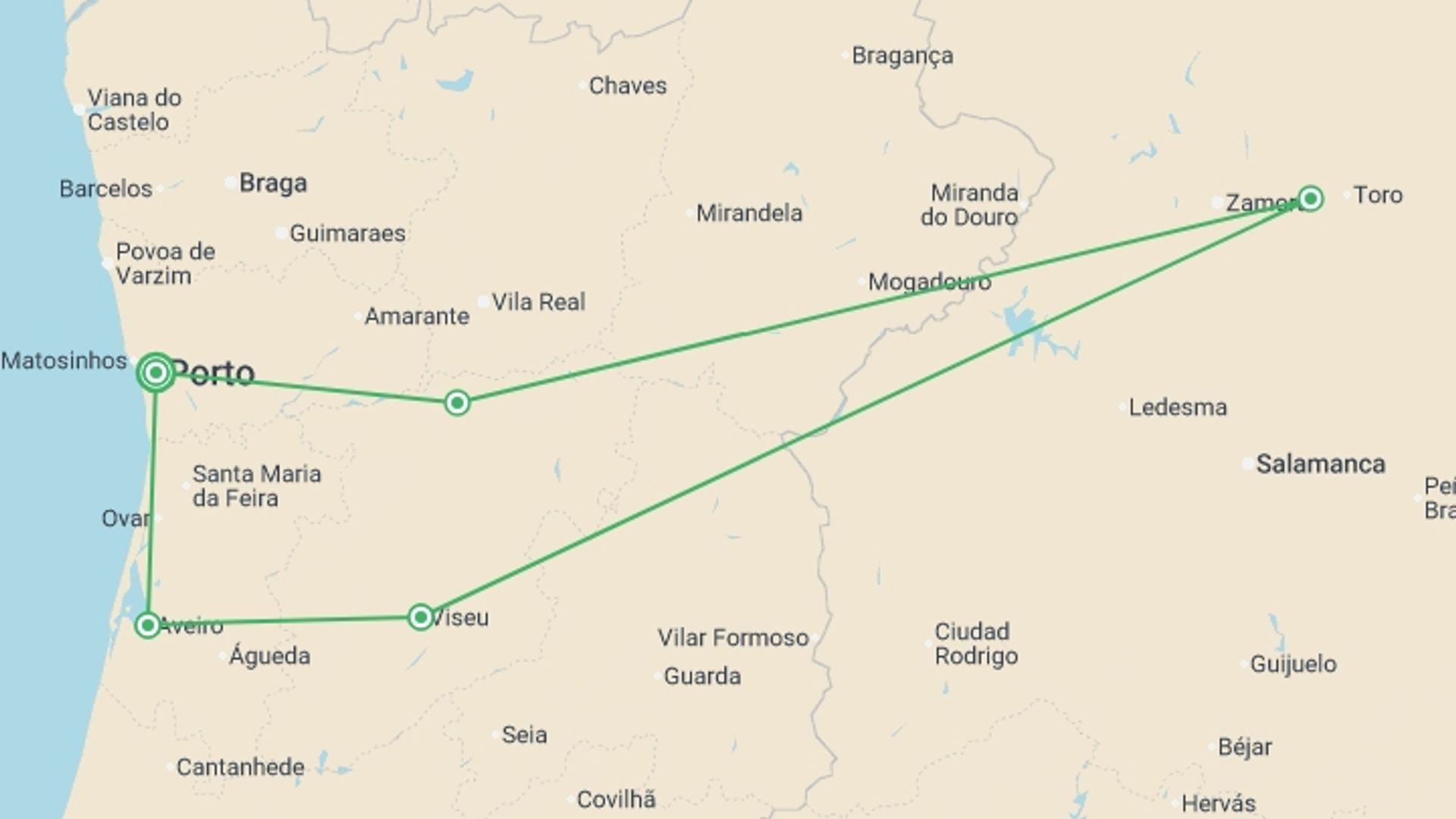A map showing the tour itinerary for the trip: Discover Northern Portugal - Premium Adventure, starting in Porto, Portugal and ending in Porto, Portugal going through 5 other destinations.