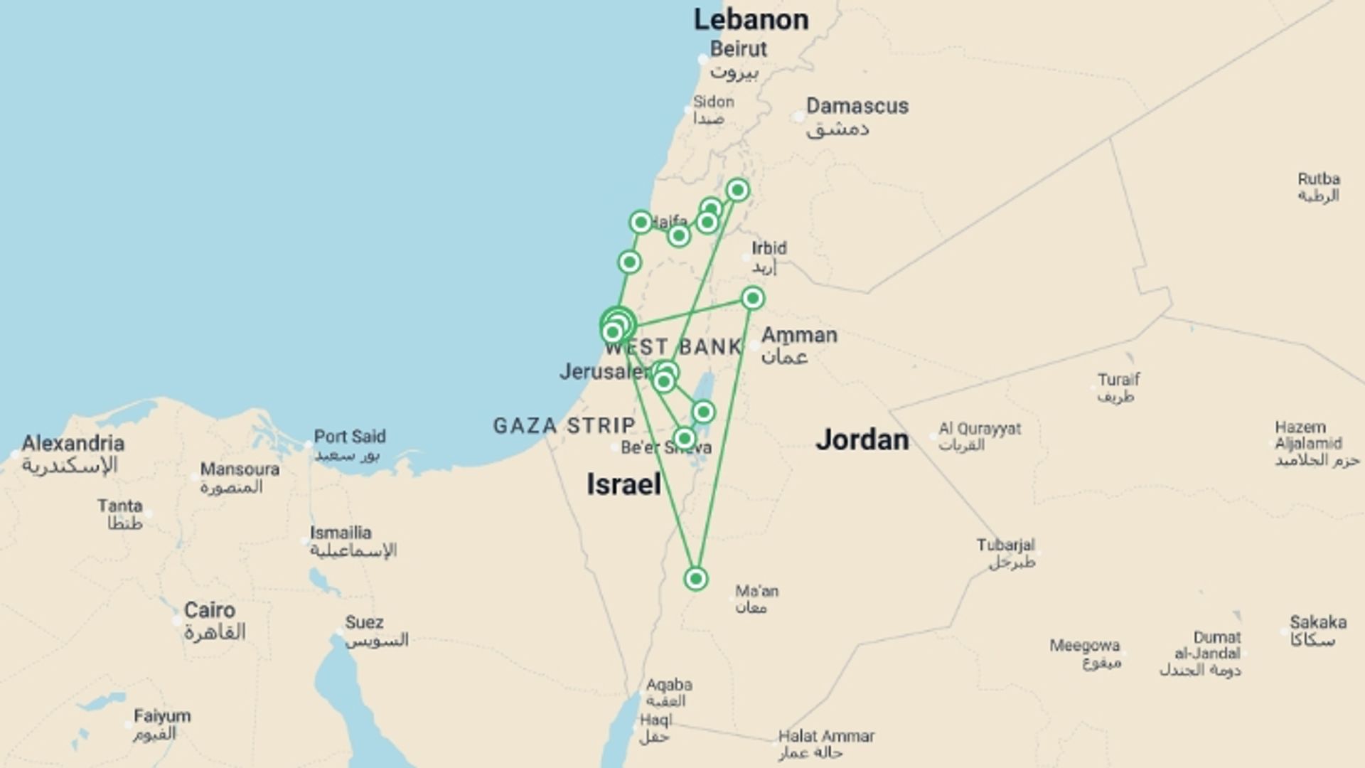 A map showing the tour itinerary for the trip: Best of Israel & Jordan, starting in Tel Aviv, Israel and ending in Tel Aviv, Israel going through 8 other destinations.