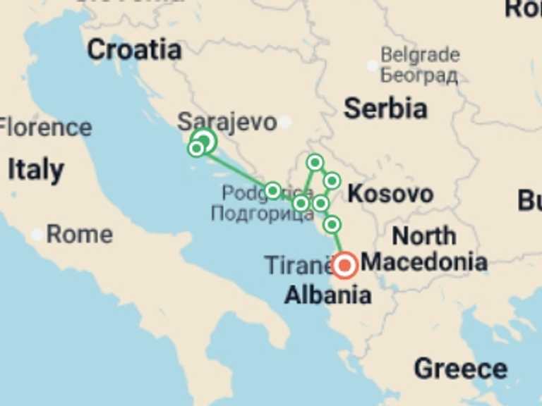 Map itinerary of Balkans Tour in Fall with 9 destination visits for the trip: Sail Croatia and Explore Montenegro
