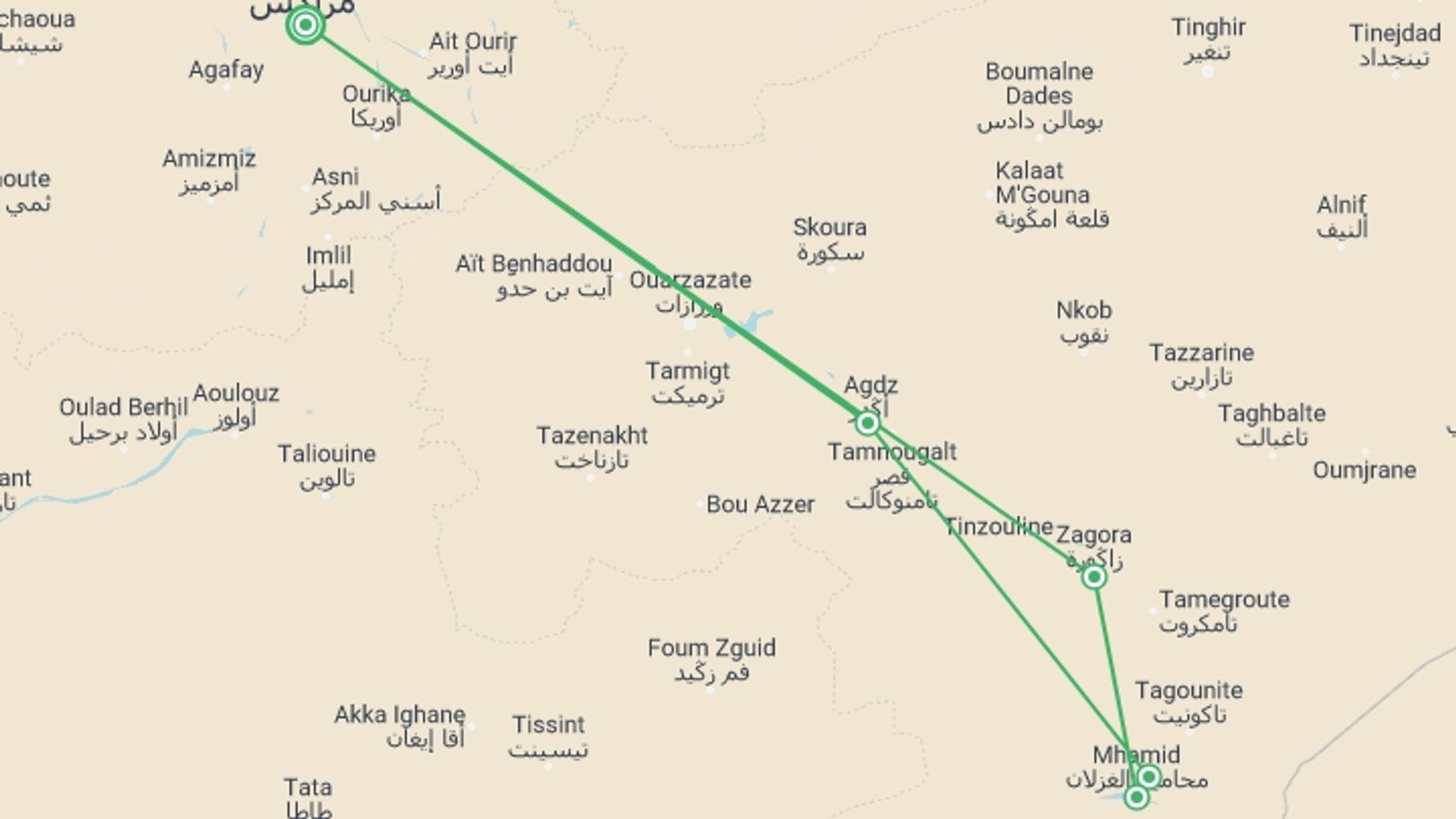 A map showing the tour itinerary for the trip: Oasis & Desert, 2 Days, Private Tour, starting in Marrakech, Morocco and ending in Marrakech, Morocco going through 1 other destinations.