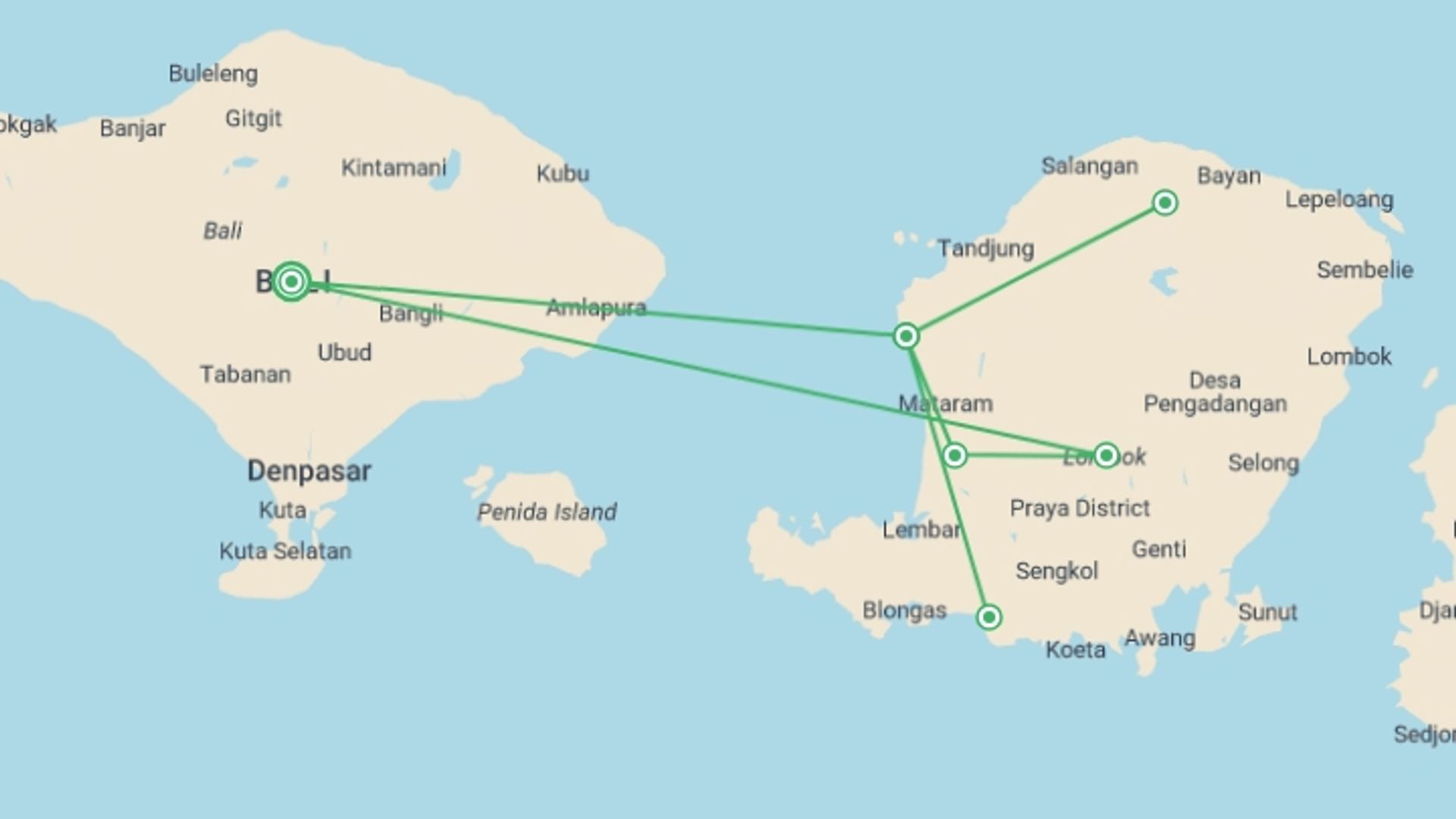 A map showing the tour itinerary for the trip: Explore Lombok, Private Tour, starting in Bali, Indonesia and ending in Bali, Indonesia going through 3 other destinations.