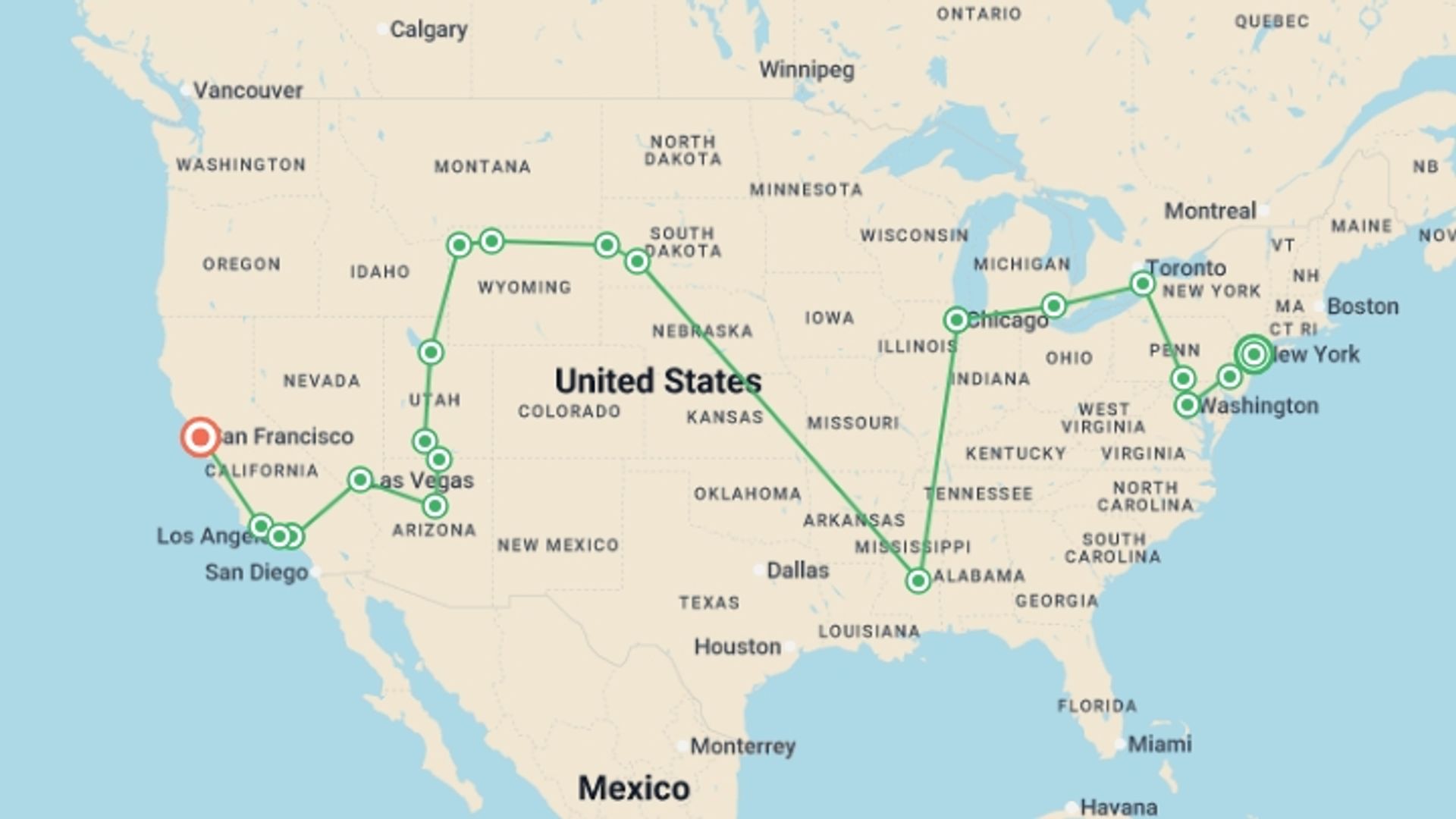 A map showing the tour itinerary for the trip: New York to San Francisco - 20 days , starting in New York, USA and ending in San Francisco, USA going through 10 other destinations.