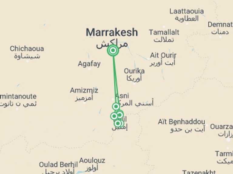 Map itinerary of Marrakech Tour in Summer with 4 destination visits for the trip: Climb Mt Toubkal