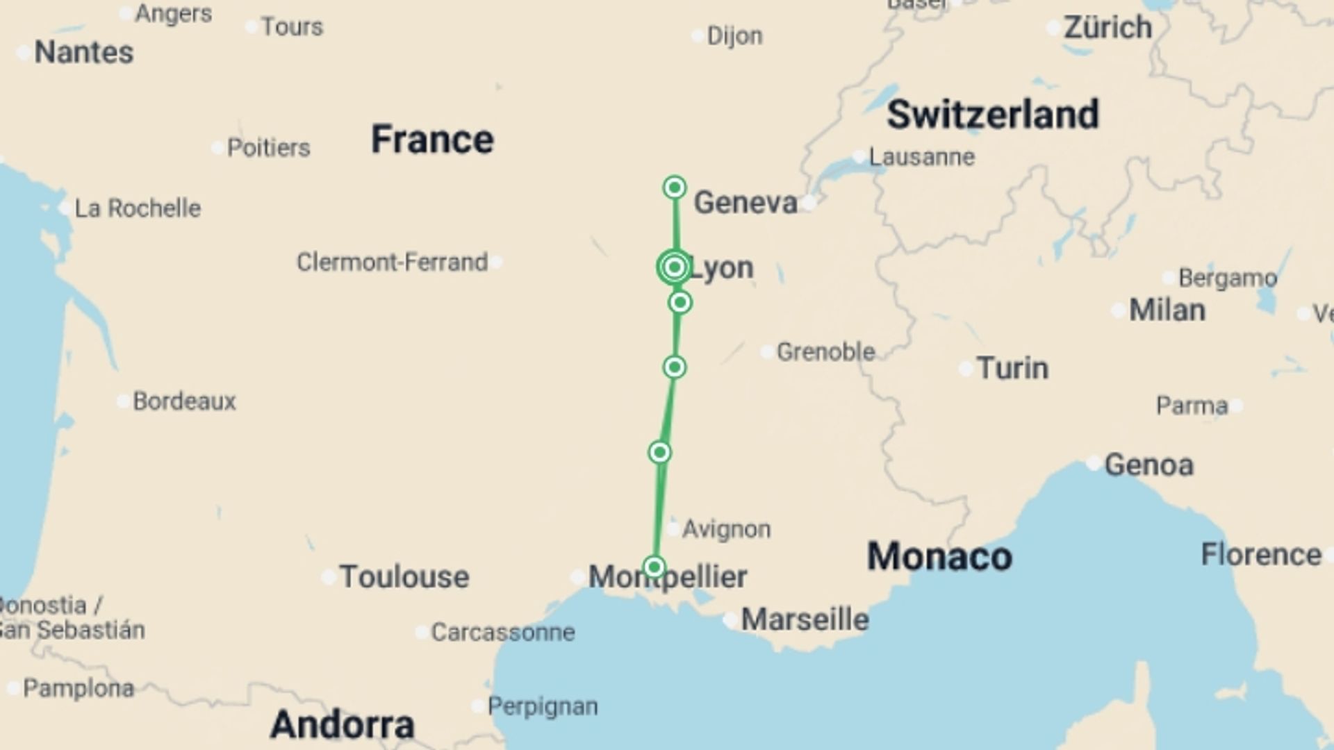 A map showing the tour itinerary for the trip: Art and History along the Rhône (port-to-port cruise), starting in Lyon, France and ending in Lyon, France going through 5 other destinations.