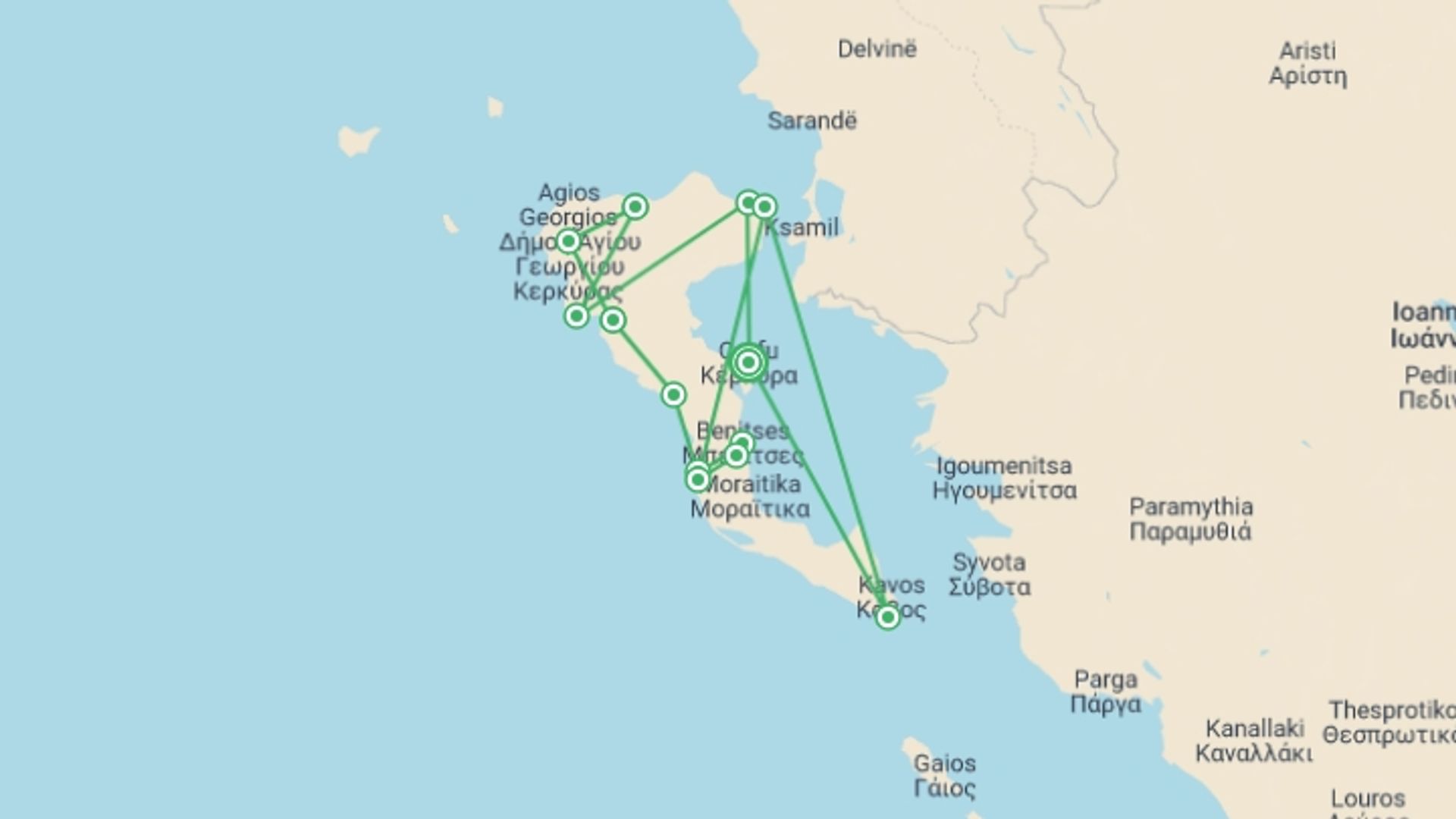 A map showing the tour itinerary for the trip: Corfu Trail Walking - North and South, starting in Corfu, Greece and ending in Corfu, Greece going through 10 other destinations.