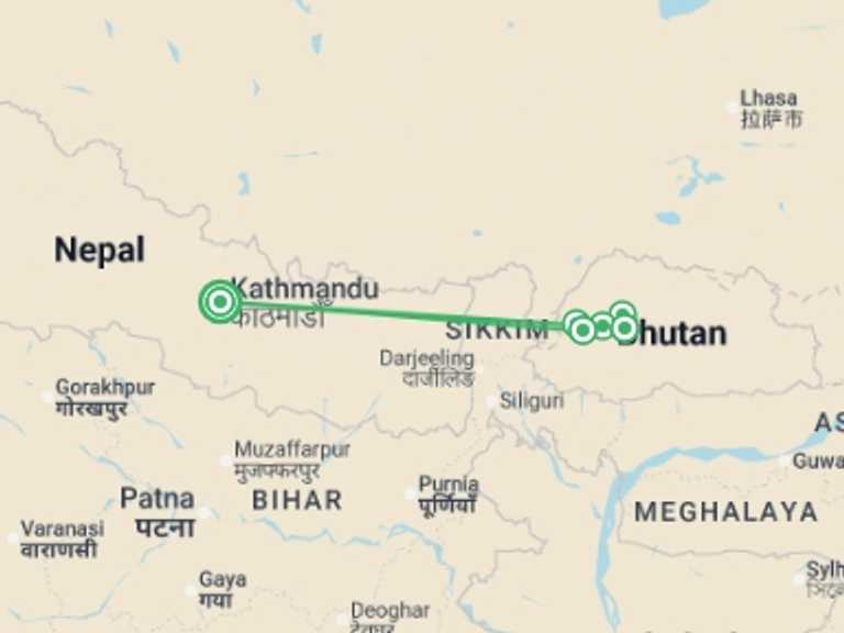 Map itinerary of Thimphu Tour in March 2026 with 6 destination visits for the trip: Festivals of Bhutan – Black Crane