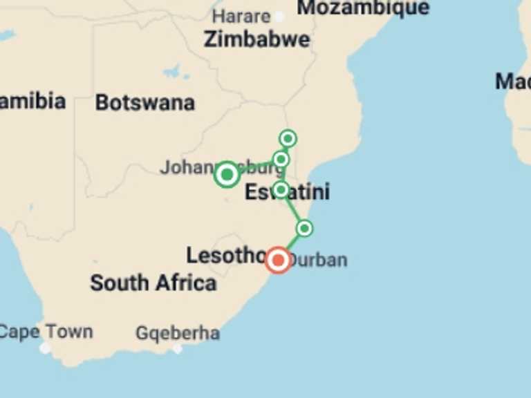 Map of Pretoria Wildlife safaris and game drives Tour with 6 destination visits for the trip: 7-day Kruger, Eswatini  Durban Camping