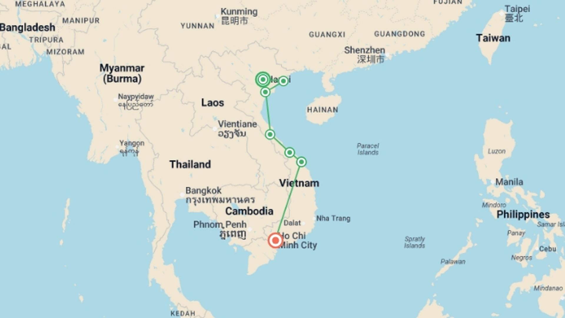 A map showing the tour itinerary for the trip: A Taste of Vietnam - Halong Bay to the Mekong Delta, starting in Hanoi, Vietnam and ending in Ho Chi Minh City, Vietnam going through 5 other destinations.
